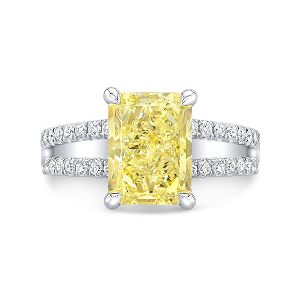 Lab Grown Rectangular Yellow Radiant Cut Diamond Split Shank Ring VVS2 IGI Certified