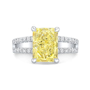 Lab Grown Rectangular Yellow Radiant Cut Diamond Split Shank Ring VVS2 IGI Certified