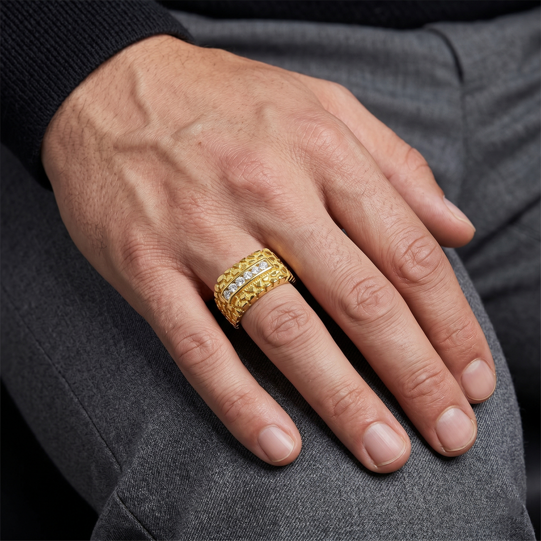 Men's Nugget Channel Diamond Ring 12mm Top Width in yellow gold on hand