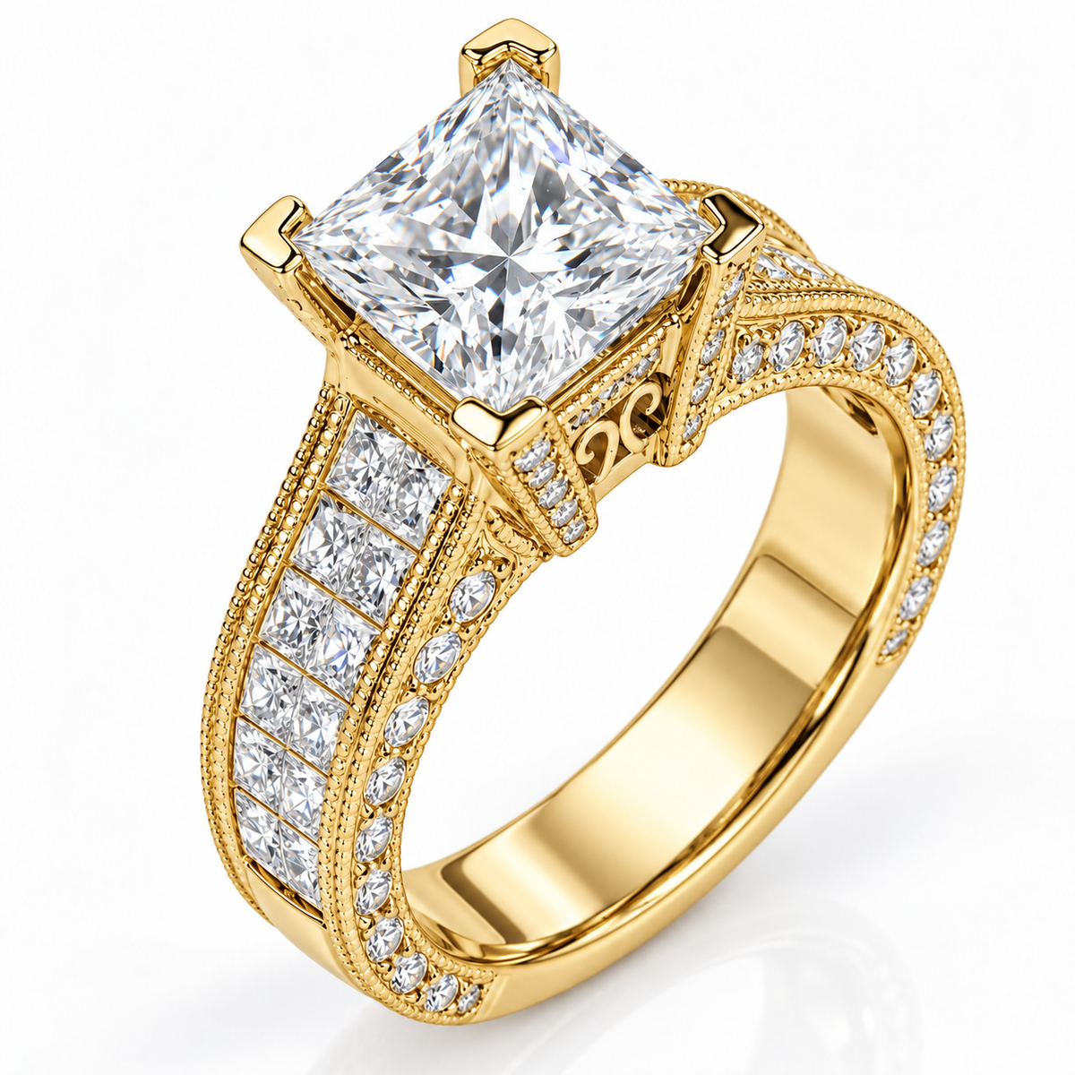 Ornate_yellow_gold_princess cut_diamond_ring