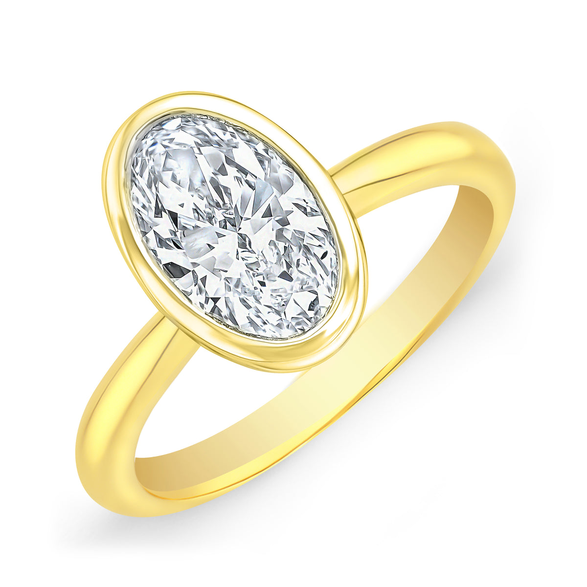 Oval cut bezel set diamond solitaire ring in yellow gold