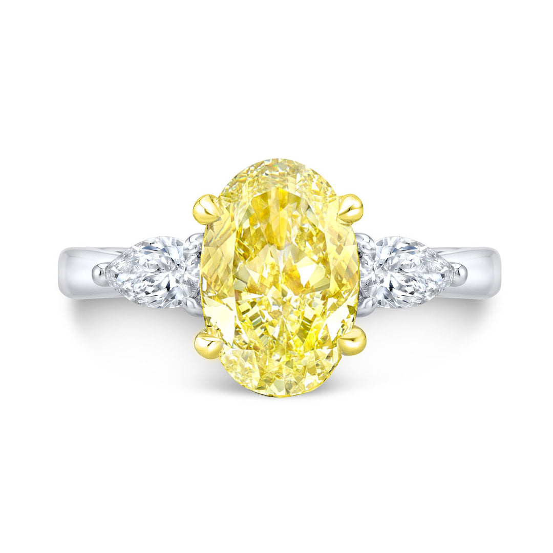 1.60 Ctw Canary Fancy Light Yellow Oval Cut & Pear Cut Diamond Ring VVS1 GIA