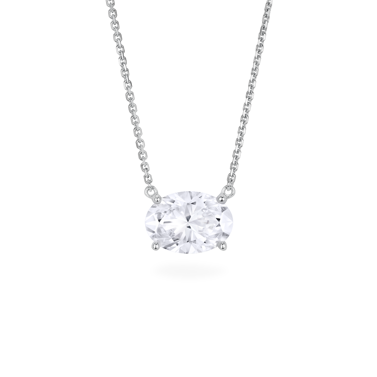 Oval cut diamond east west pendant with chain in white gold