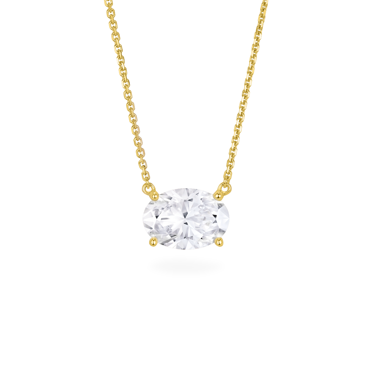 Oval cut diamond east west pendant with chain in yellow gold