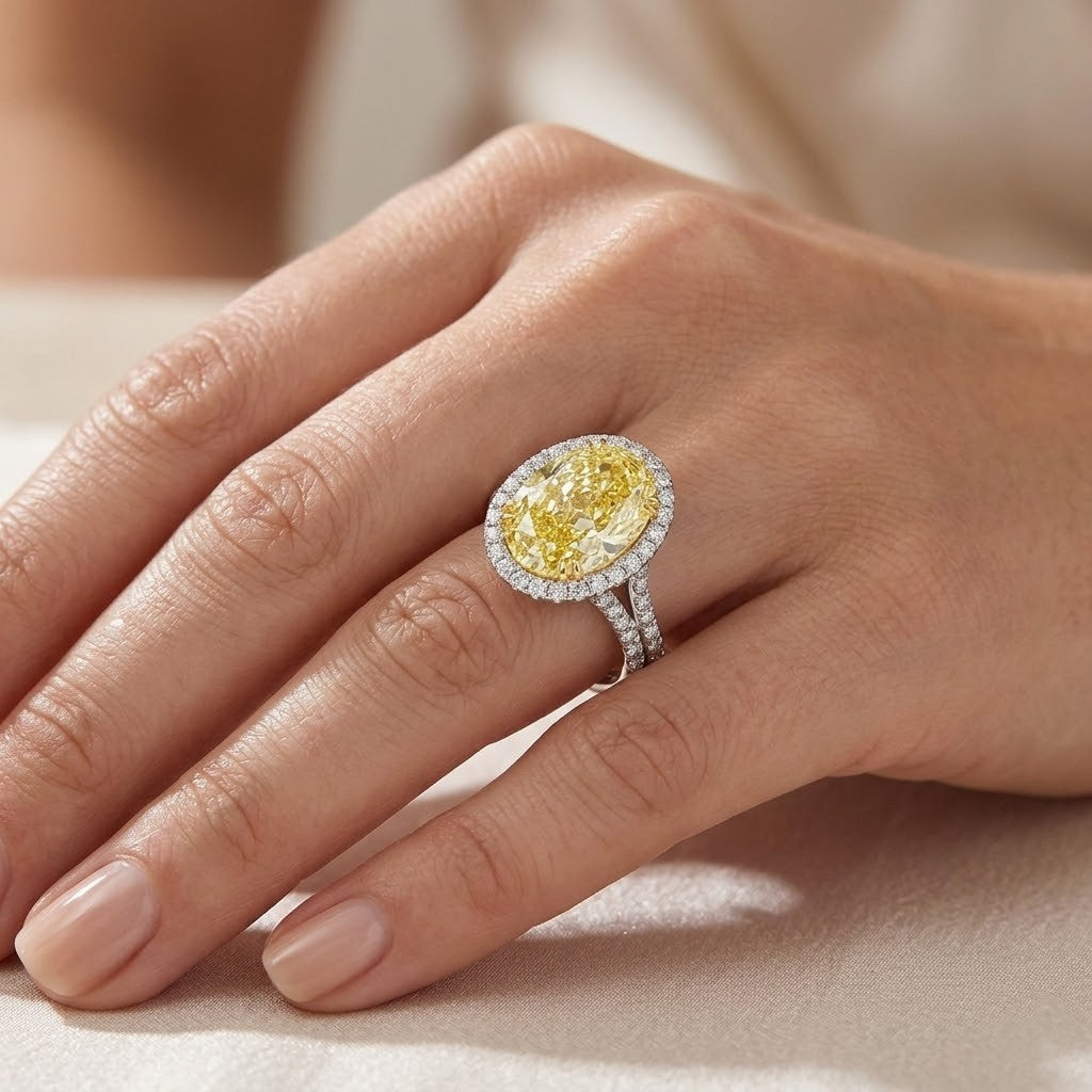 Oval Yellow diamond Halo Split Shank Pave Ring in white gold on model's ring finger
