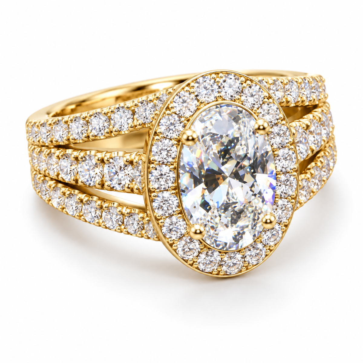 Oval_halo_pave_gold_ring_3row_split_shanks
