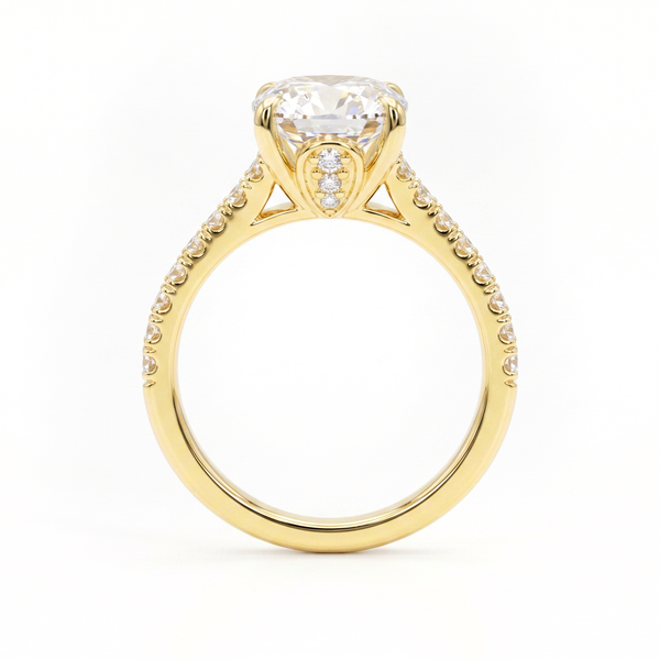 A yellow gold engagement ring featuring a large oval brilliant-cut center stone and a shank pavé-set with small diamonds, side view, shown on a plain white background.