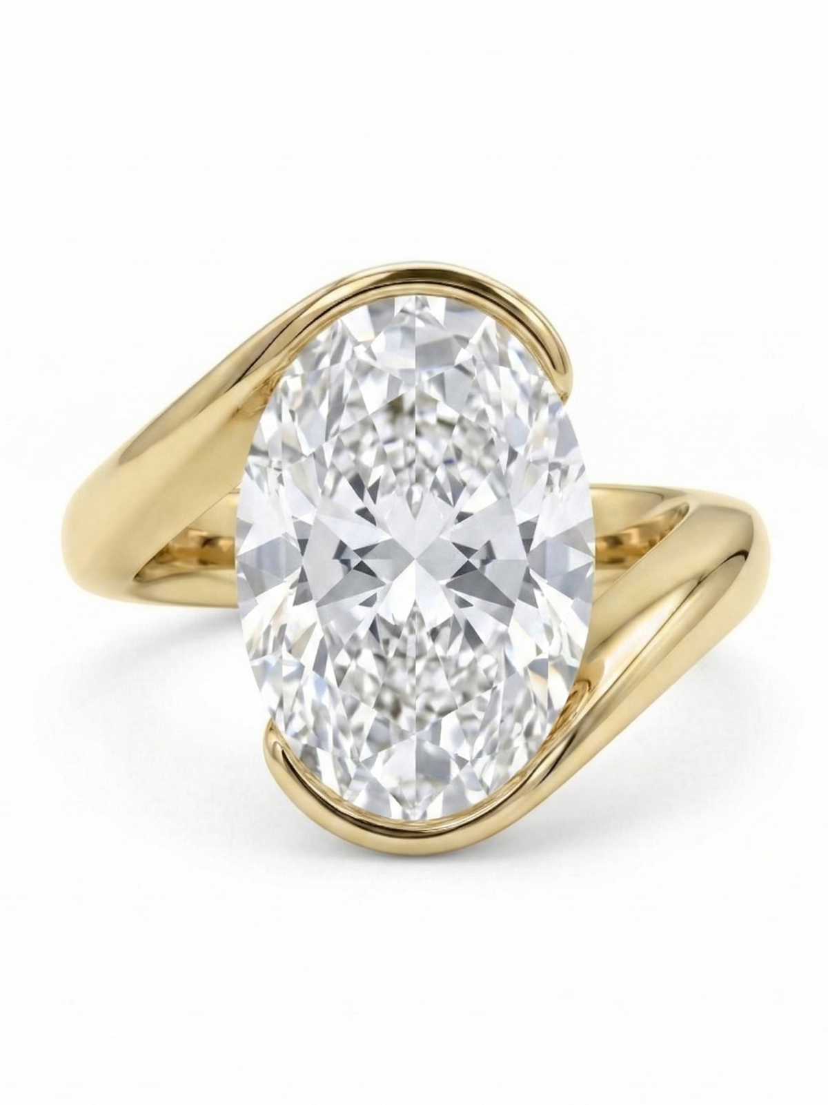 Oval cut diamond center bypass ring in yellow gold