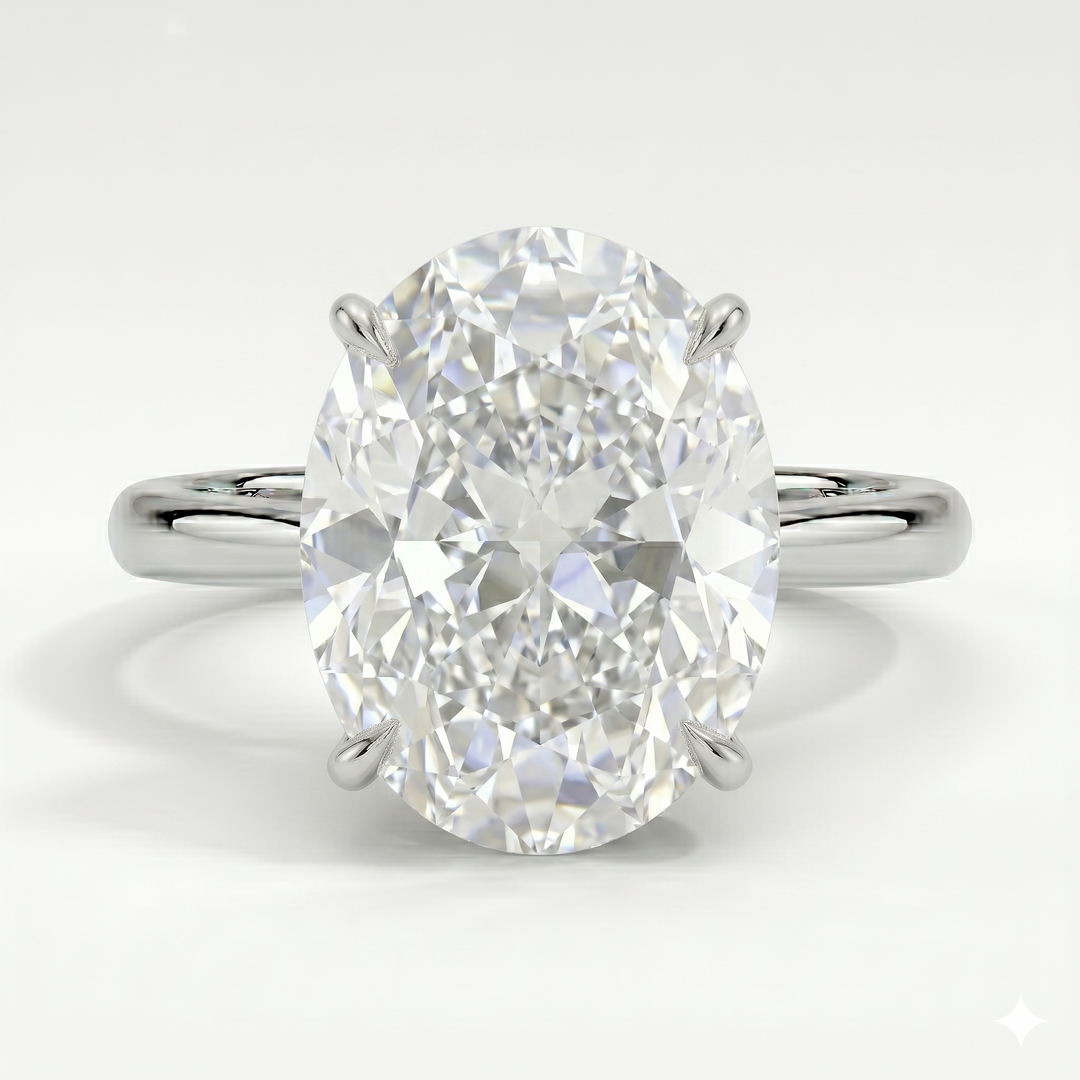 Oval cut center diamond ring in white gold top view