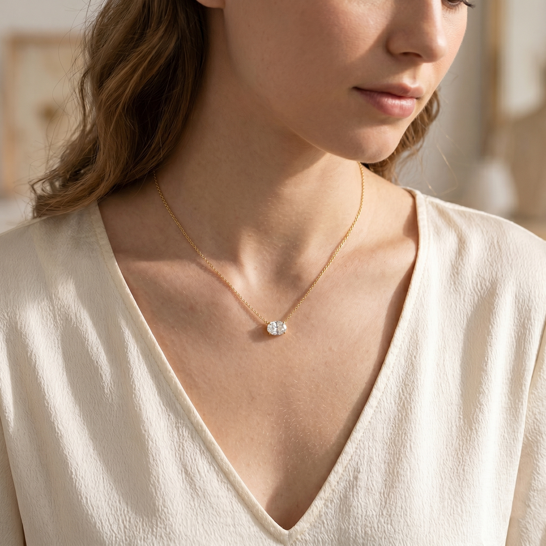 Oval cut East West Pendant Necklace in yellow gold on lady model