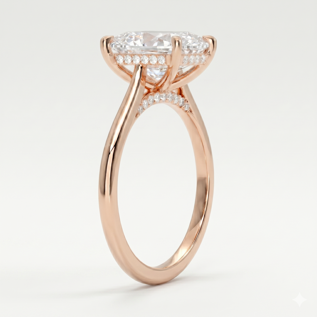 Pear  cut center hidden halo diamond ring in rose gold side profile