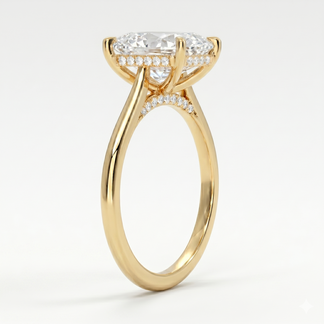 Pear cut center hidden halo diamond ring in yellow gold side profile