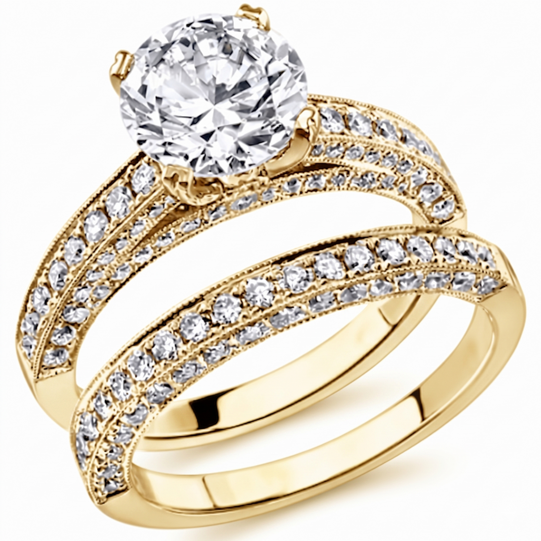 Pave Engagement Ring & Band Yellow gold