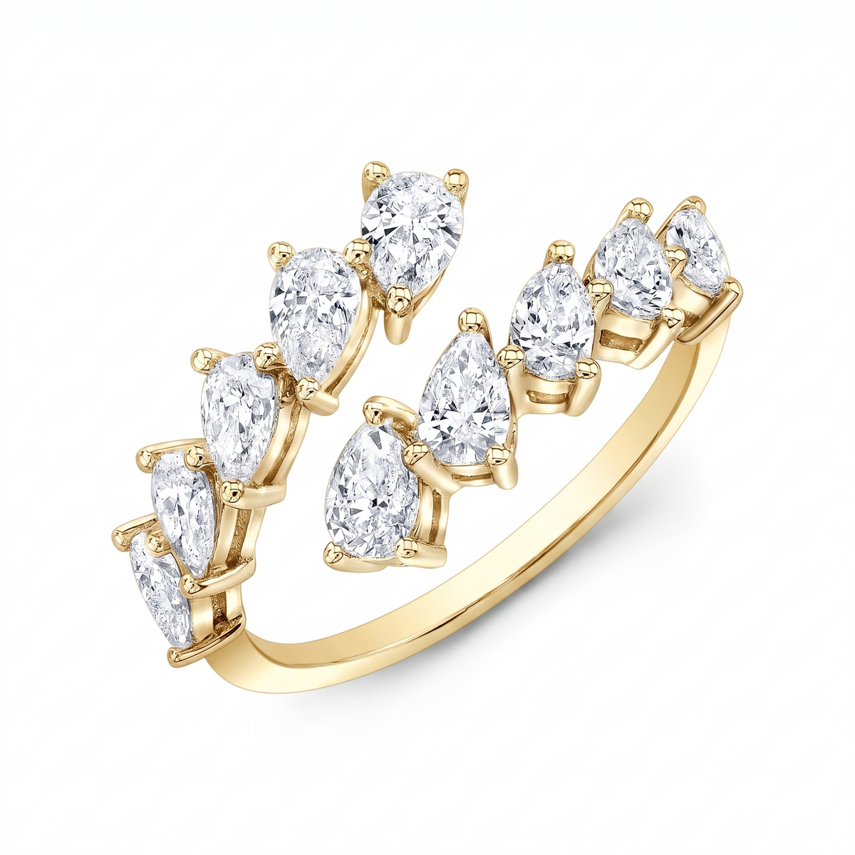 Pear cut 10 stone diamond bypass ring in yellow gold