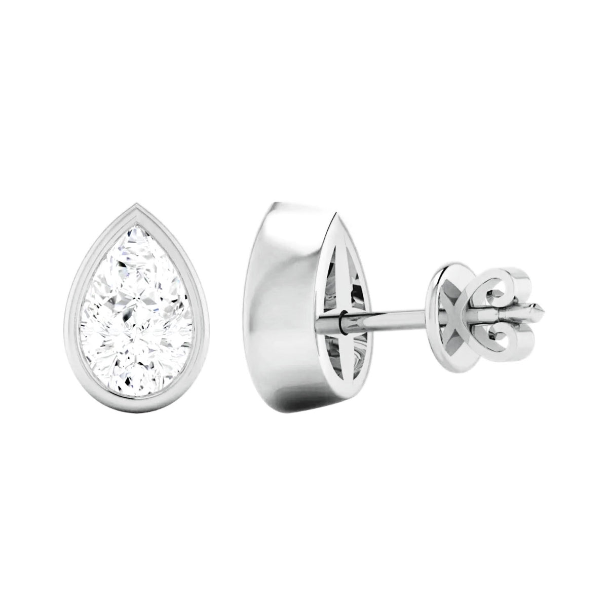 Pear cut bezel set stud earrings in white gold