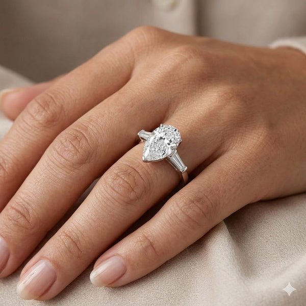 Pear Cut & Baguette 3-stone Ring on model's hand
