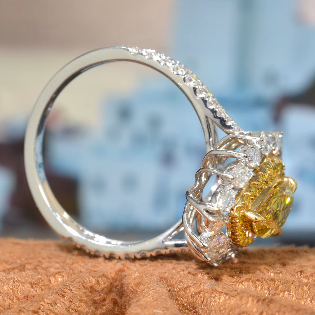 Pear Cut Yellow Diamond center with Double Halo of Marquise and Pear & Yellow Round cut with 2 row shank Diamond Ring side profile