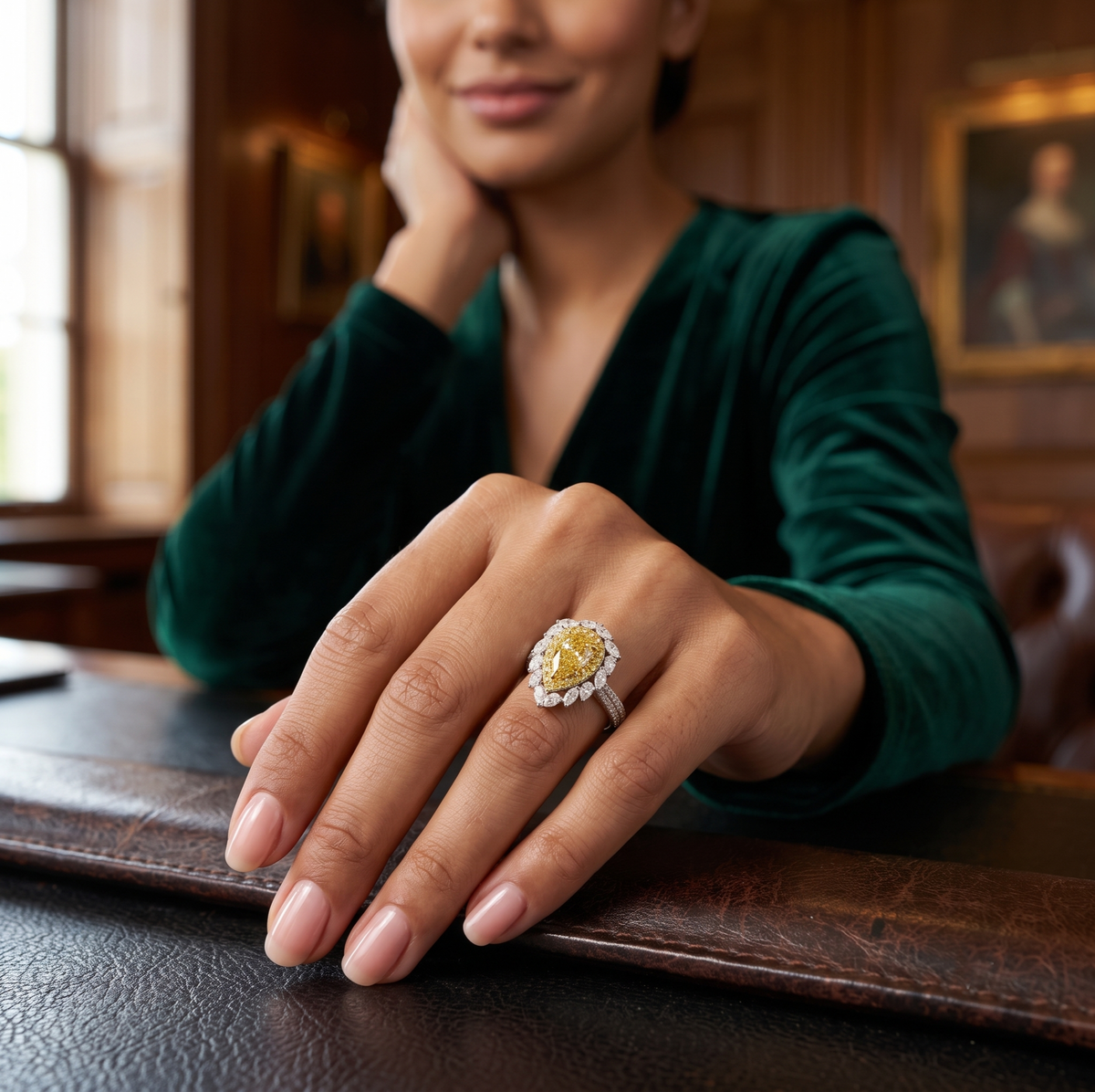 Pear cut yellow diamond center with double halo of marquise and pear & yellow round cut with 2 row shank diamond ring in white gold on hand