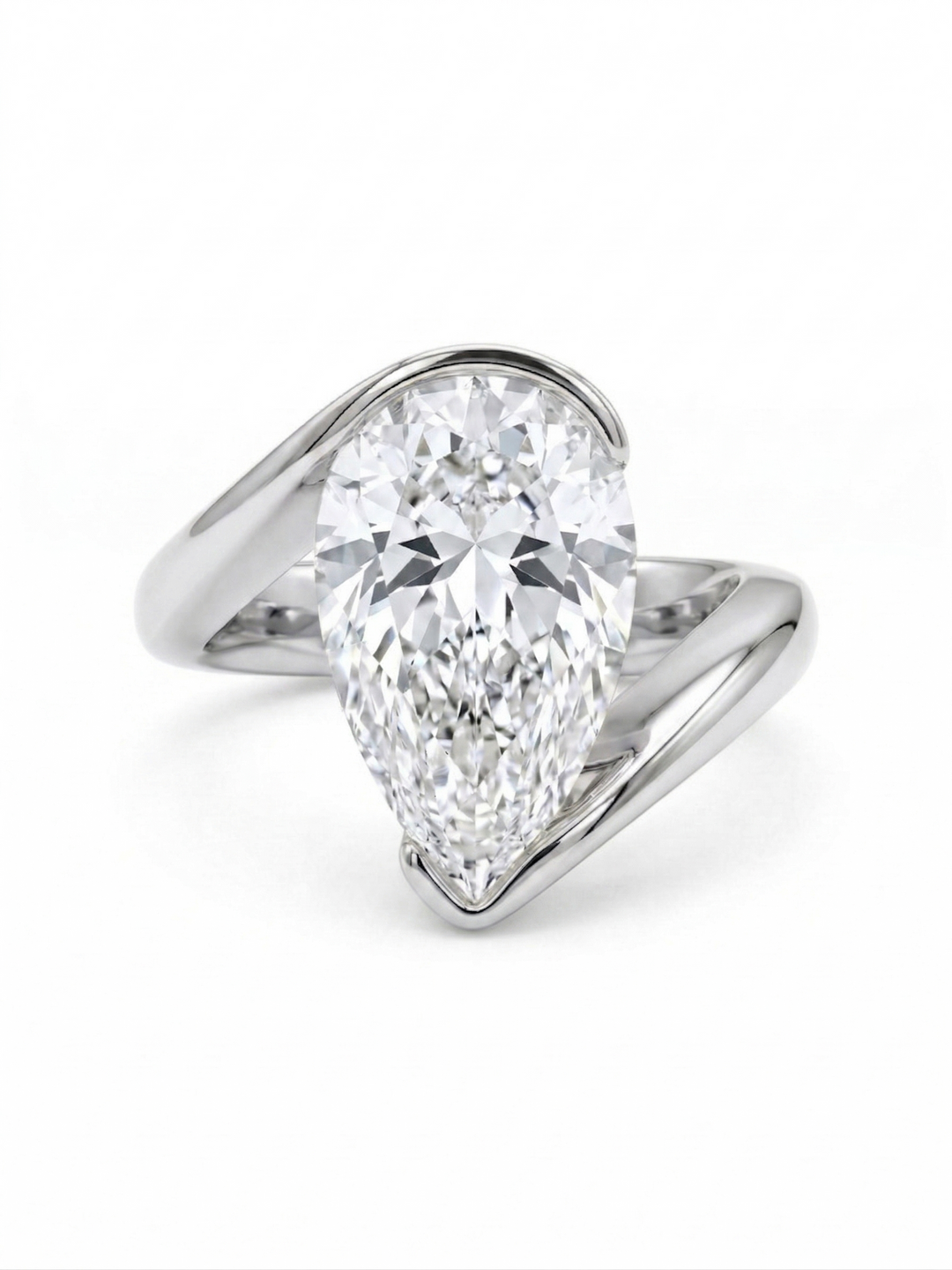 Pear Cut Diamond Solitaire Bypass Ring in white gold