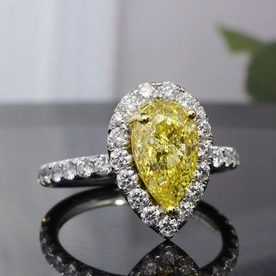 Lab Grown Yellow Pear Cut Halo Diamond Ring VVS2 IGI Certified