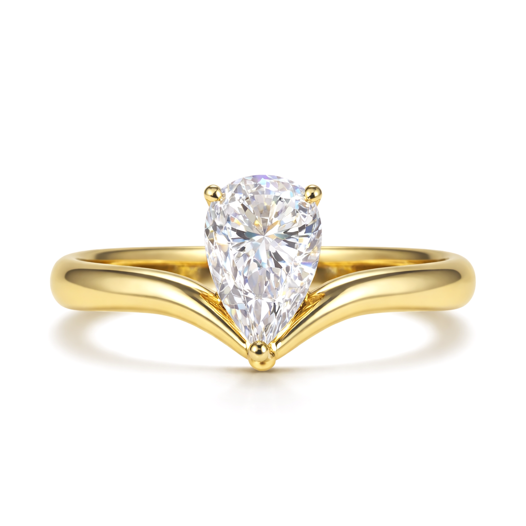 Pear cut chevron solitaire engagement ring in yellow gold