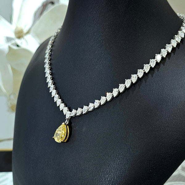 Lab Grown Diamonds Pear Cut Tennis Necklace with Fancy Yellow Canary Diamond Pendant