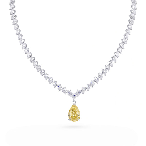 Lab Grown Diamonds Pear Cut Tennis Necklace with Fancy Yellow Canary Diamond Pendant