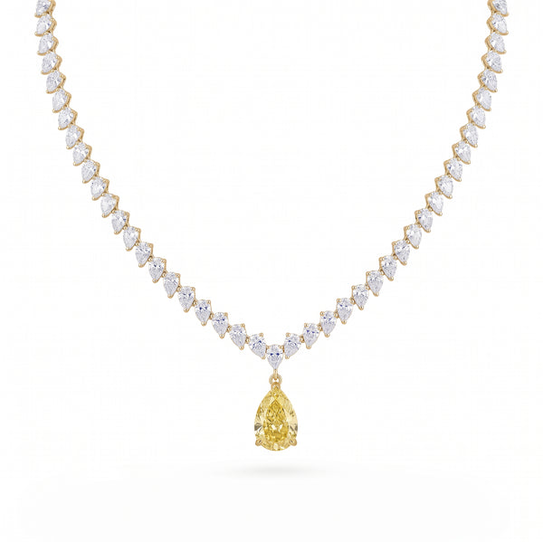 Lab Grown Diamonds Pear Cut Tennis Necklace with Fancy Yellow Canary Diamond Pendant