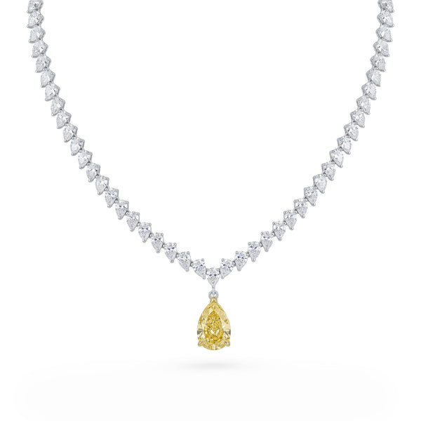 Lab Grown Diamonds Pear Cut Tennis Necklace with Fancy Yellow Canary Diamond Pendant