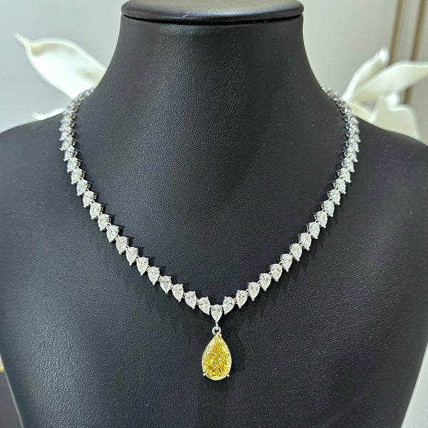 Lab Grown Diamonds Pear Cut Tennis Necklace with Fancy Yellow Canary Diamond Pendant