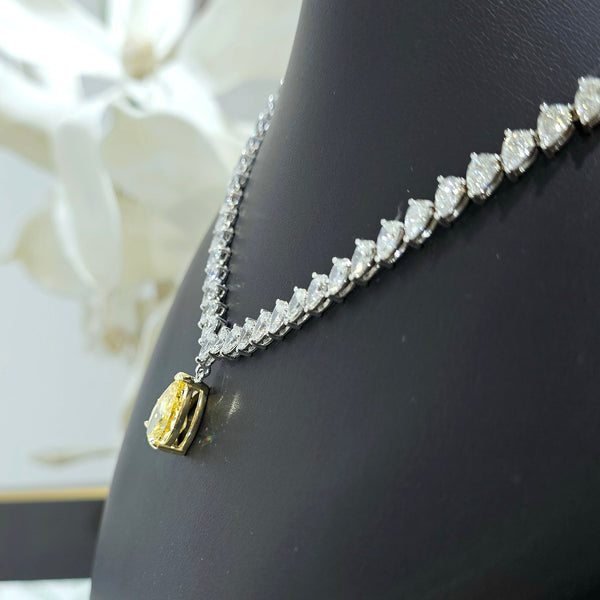 Lab Grown Diamonds Pear Cut Tennis Necklace with Fancy Yellow Canary Diamond Pendant