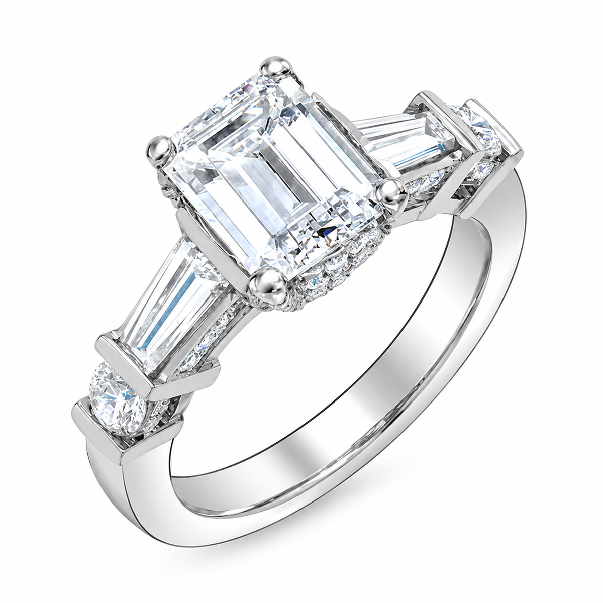 Hidden halo engagement ring with emerald, baguette