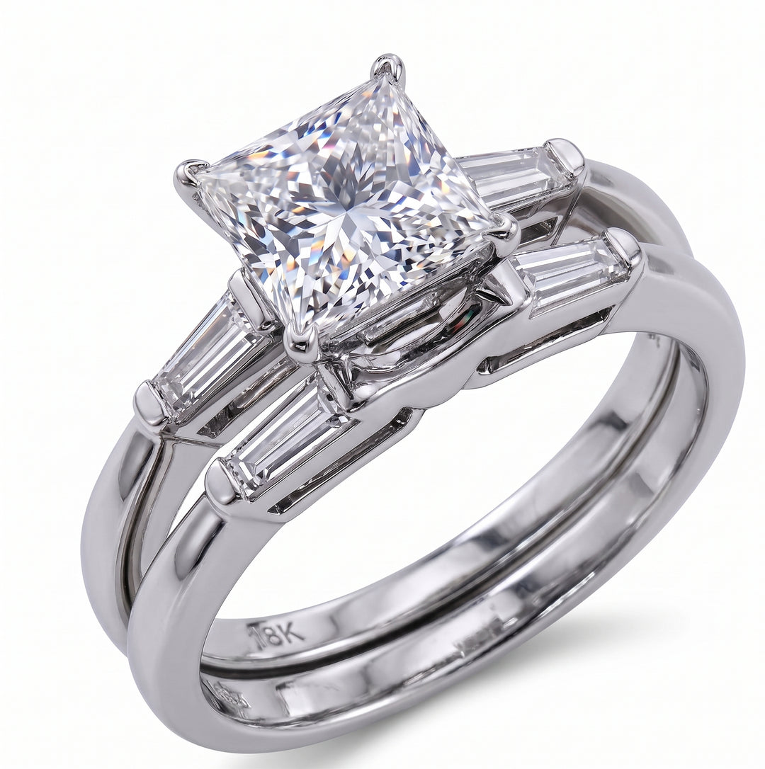 1.70 Ct. Princess Cut Engagement Ring Set with Baguettes G Color VS1 GIA Certified