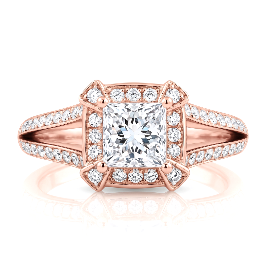 1.30 Ctw Halo Princess Cut Split Shank Diamond Ring F Color VVS2 GIA Certified
