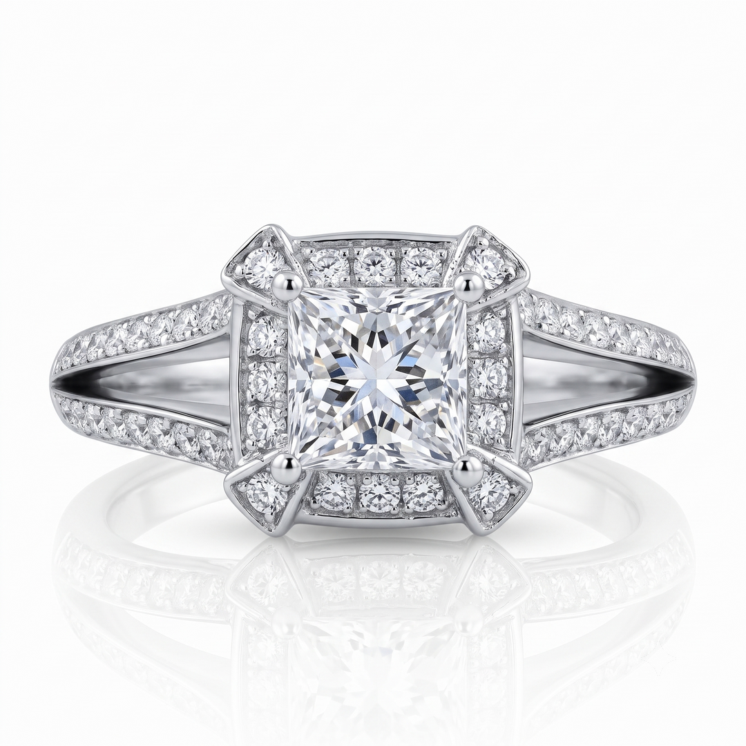 1.30 Ctw Halo Princess Cut Split Shank Diamond Ring F Color VVS2 GIA Certified