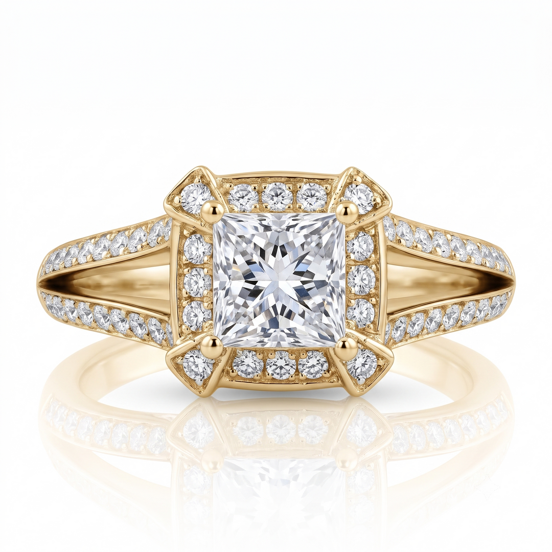 1.30 Ctw Halo Princess Cut Split Shank Diamond Ring F Color VVS2 GIA Certified
