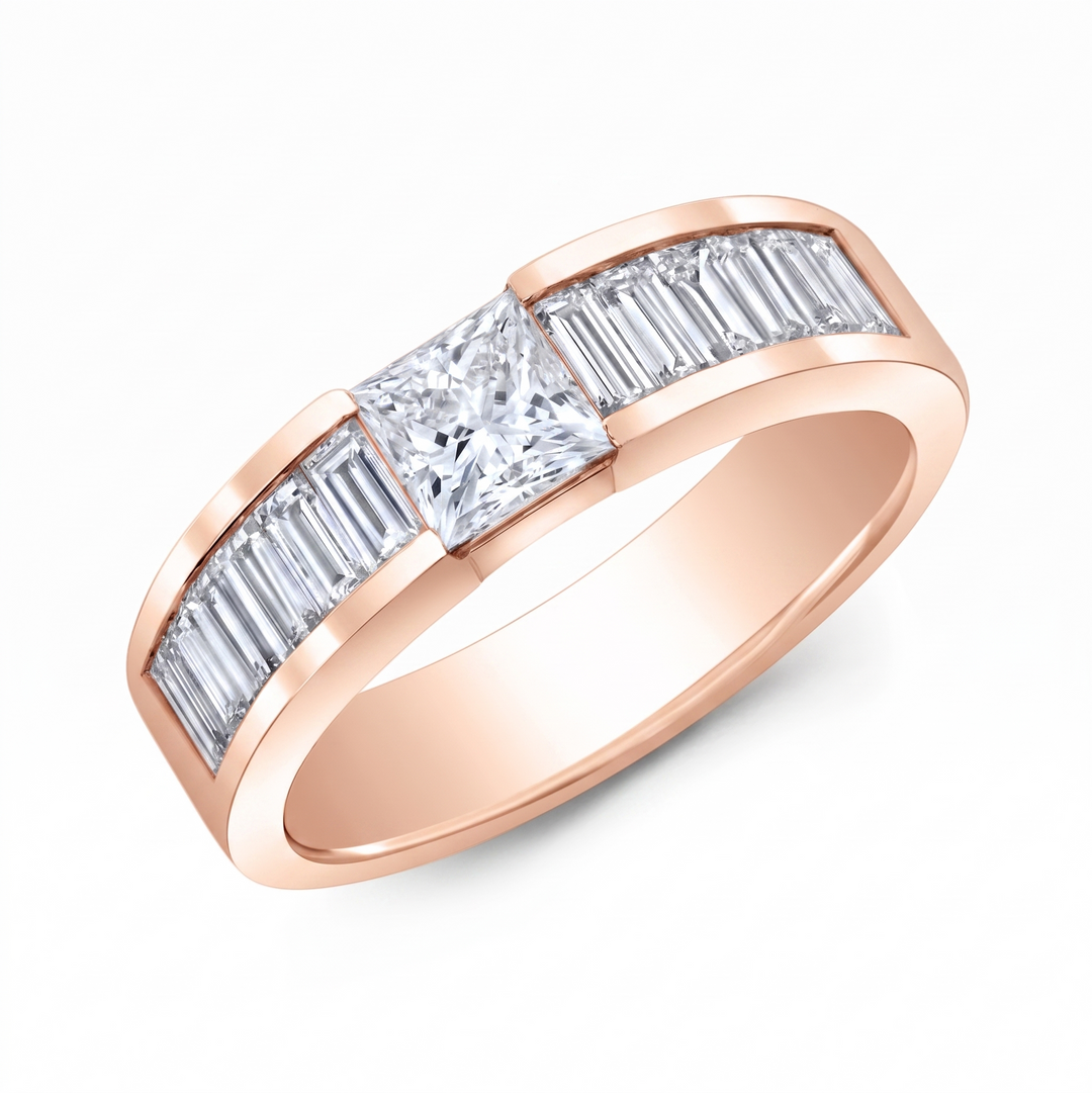 Lab Grown Men's Princess Cut & Baguette Tension and Channel Ring IGI Certified