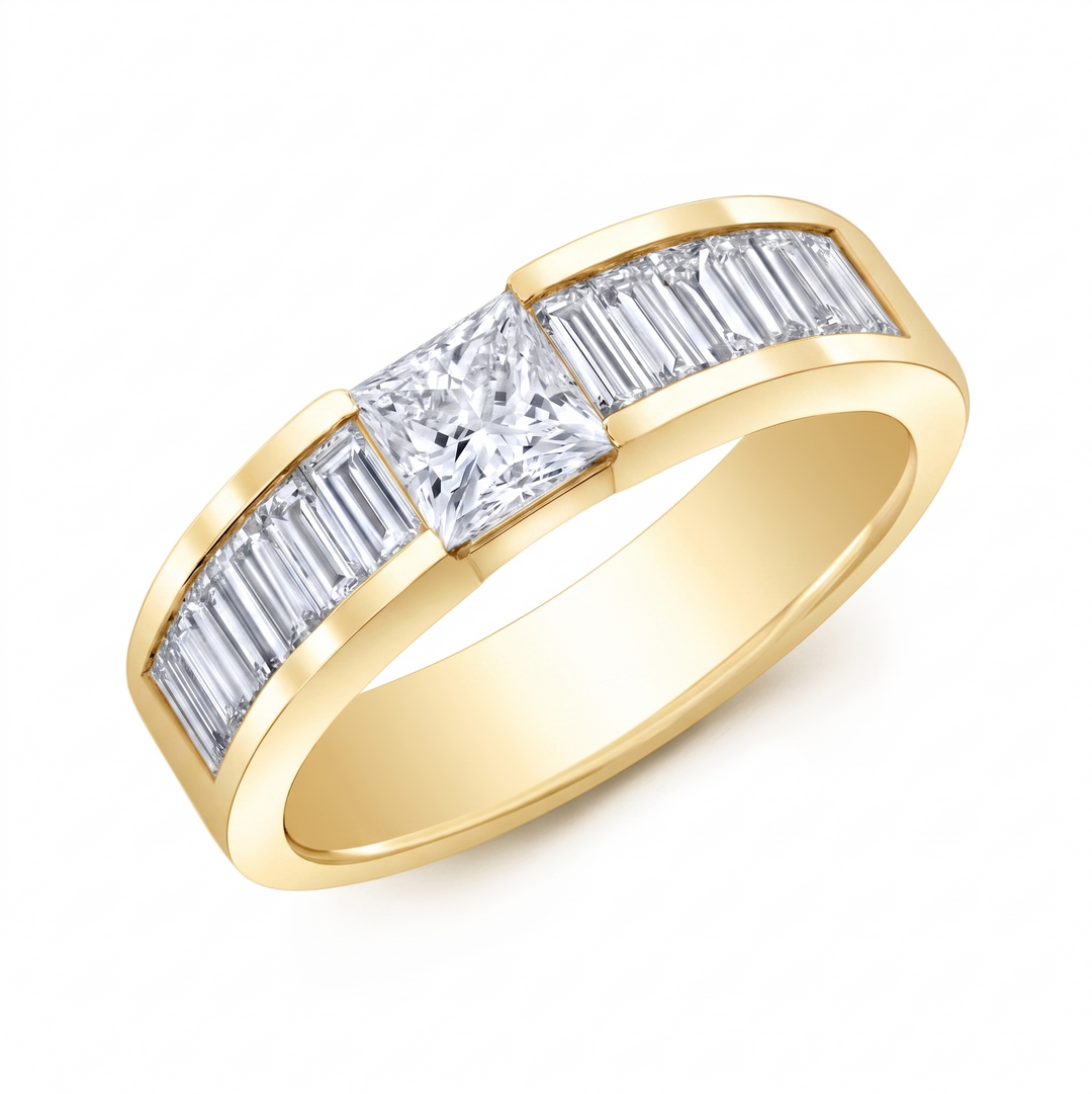 Lab Grown Men's Princess Cut & Baguette Tension and Channel Ring IGI Certified