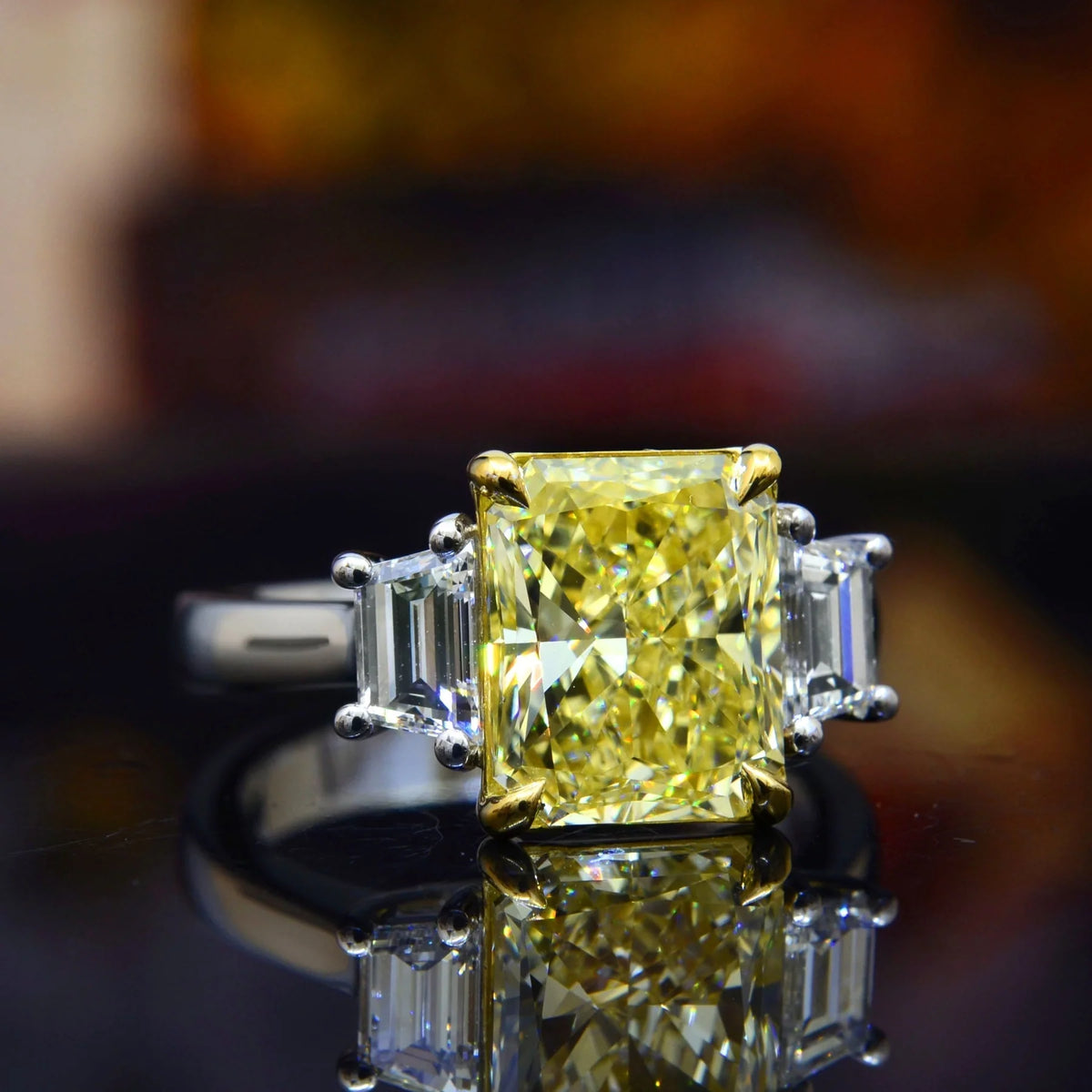 Lab grown yellow radiant & step cut trapezoids 3 stone ring vvs2 igi certified