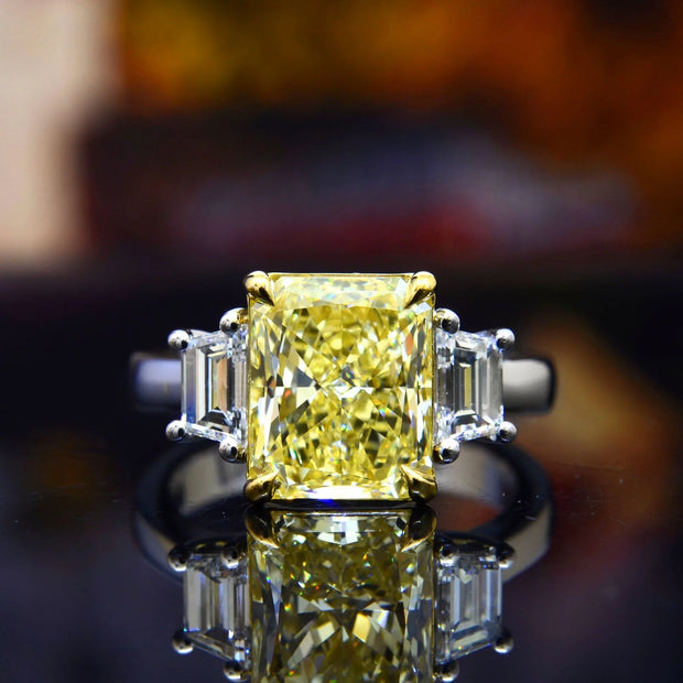 Lab Grown Yellow Radiant & Step Cut Trapezoids 3-Stone Ring VVS2 IGI Certified