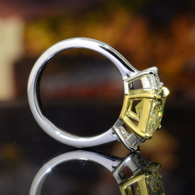 4.70 Ctw Fancy Yellow Radiant Cut & Trapezoid Diamond Engagement Ring SI1 GIA