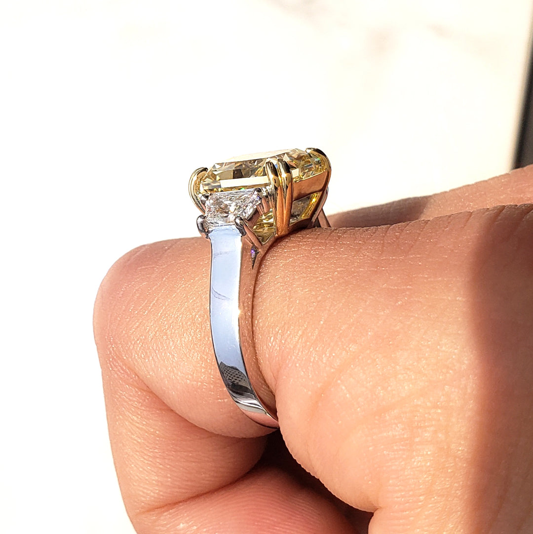 4.70 Ctw Fancy Light Yellow Radiant Cut & Trapezoids 3 Stone Ring VVS2 GIA