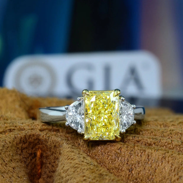 3.10 Ctw Fancy Intense Yellow Radiant Cut & Half Moons 3 Stone Ring VS1 GIA