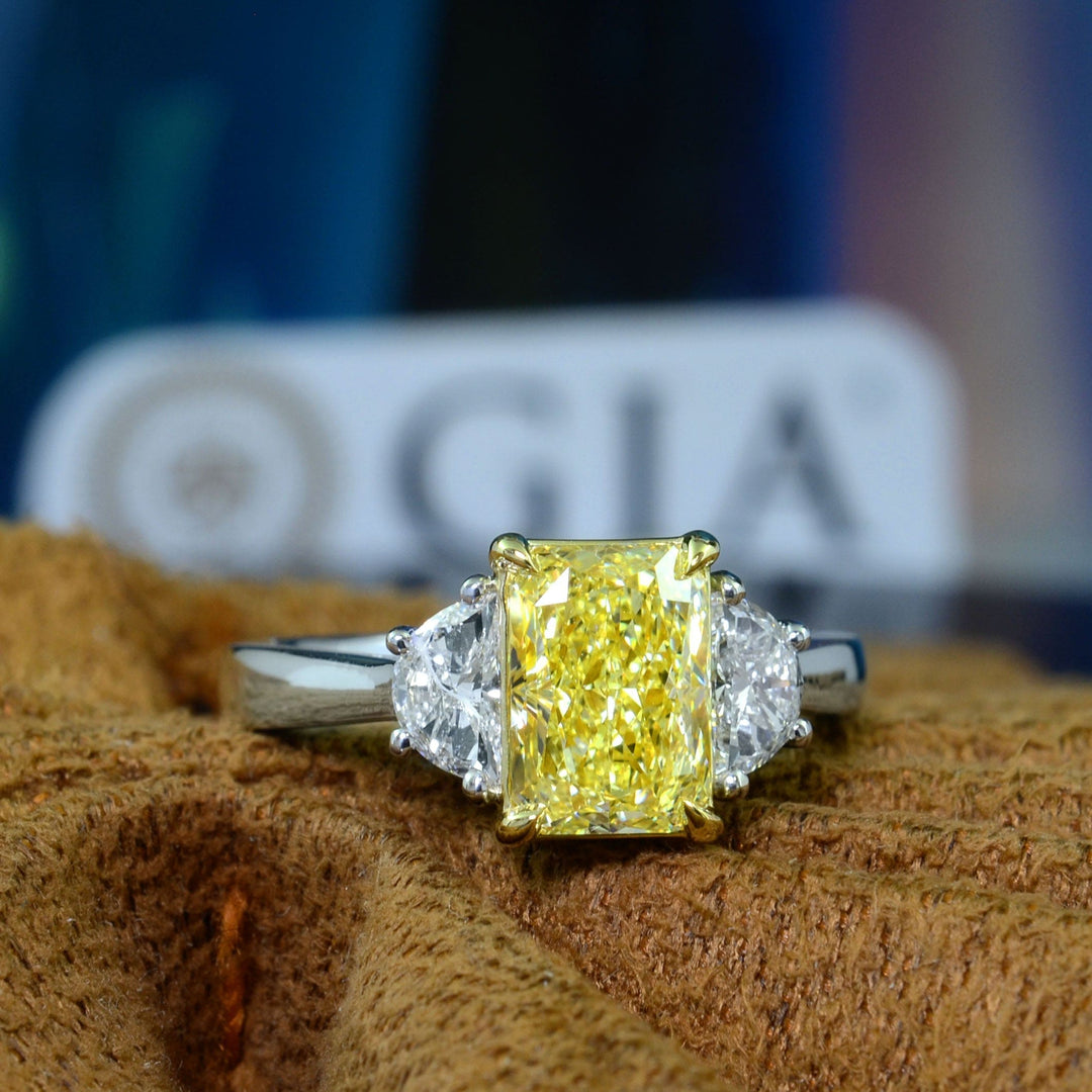 2.50 Ctw Fancy Intense Yellow Elongated Radiant & Half Moons 3 Stone Ring VS1 GIA
