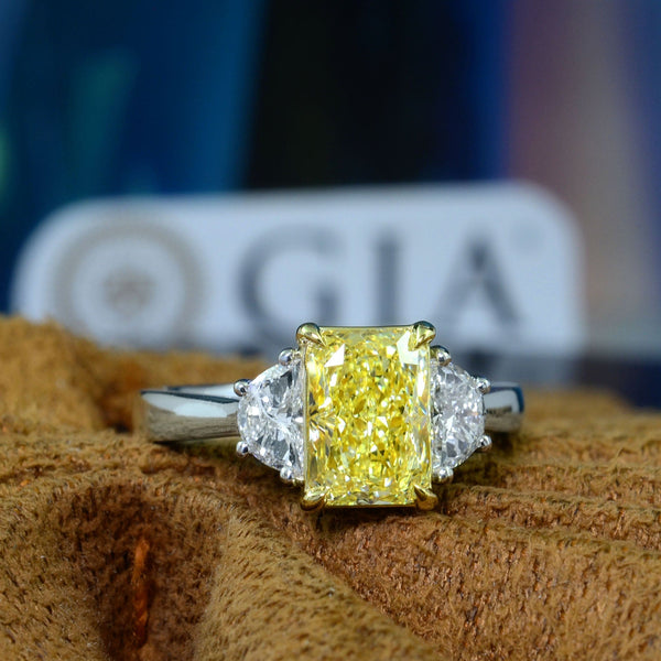 4.50 Ctw Fancy Intense Yellow Elongated Radiant & Half Moons 3 Stone Ring VS1 GIA