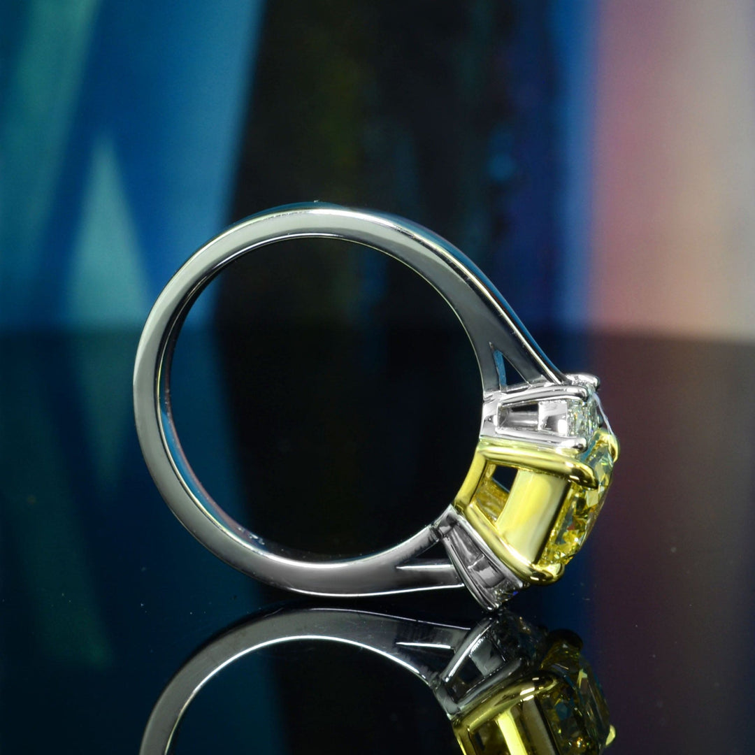 2.50 Ctw Fancy Intense Yellow Elongated Radiant & Half Moons 3 Stone Ring VS1 GIA