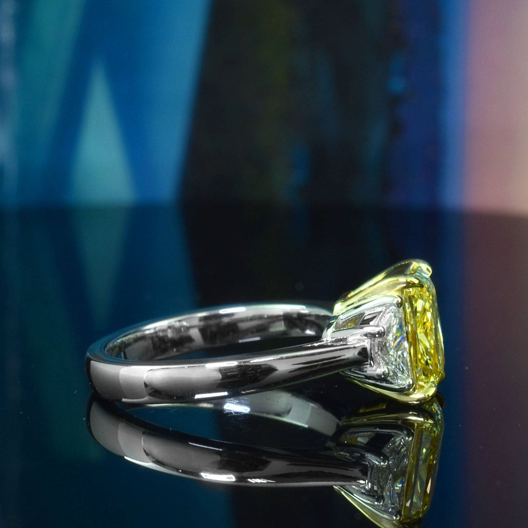 2.50 Ctw Fancy Intense Yellow Elongated Radiant & Half Moons 3 Stone Ring VS1 GIA