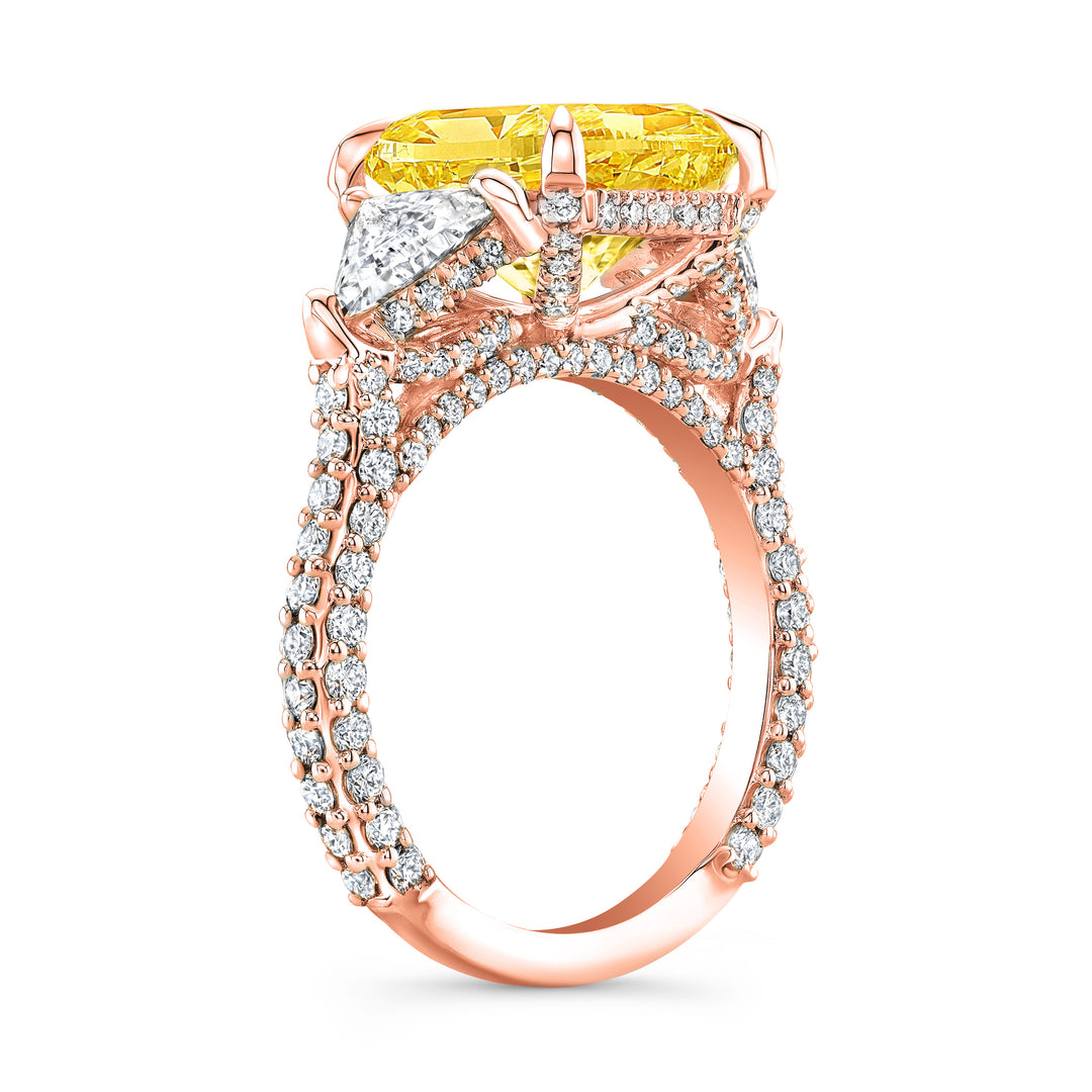5.30 Ctw Fancy Light Yellow Radiant Cut & Trillion Hidden Halo Micro Pave Ring VS1 GIA