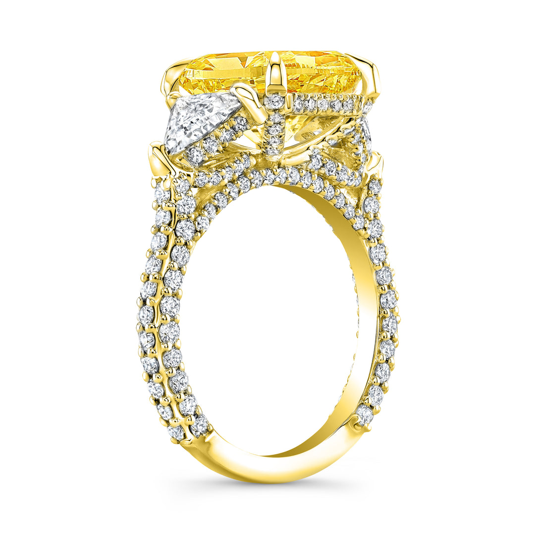 5.30 Ctw Fancy Light Yellow Radiant Cut & Trillion Hidden Halo Micro Pave Ring VS1 GIA