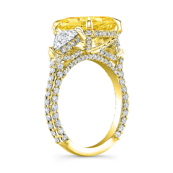 4.80 Ctw Fancy Intense Canary Radiant Cut  & Trillion Hidden Halo Ring VS1 GIA